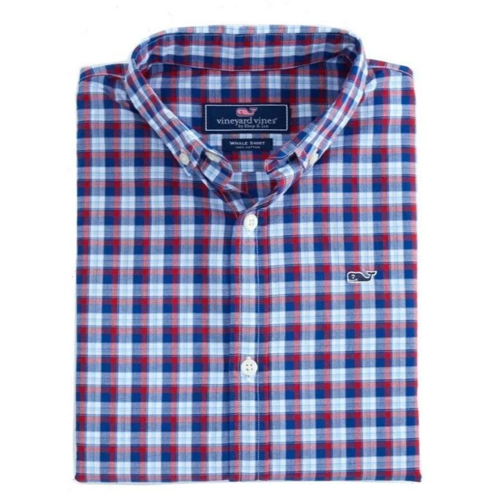 Vineyard Vines Whale Shirt Youth XL 18 Red White Blue Check Plaid